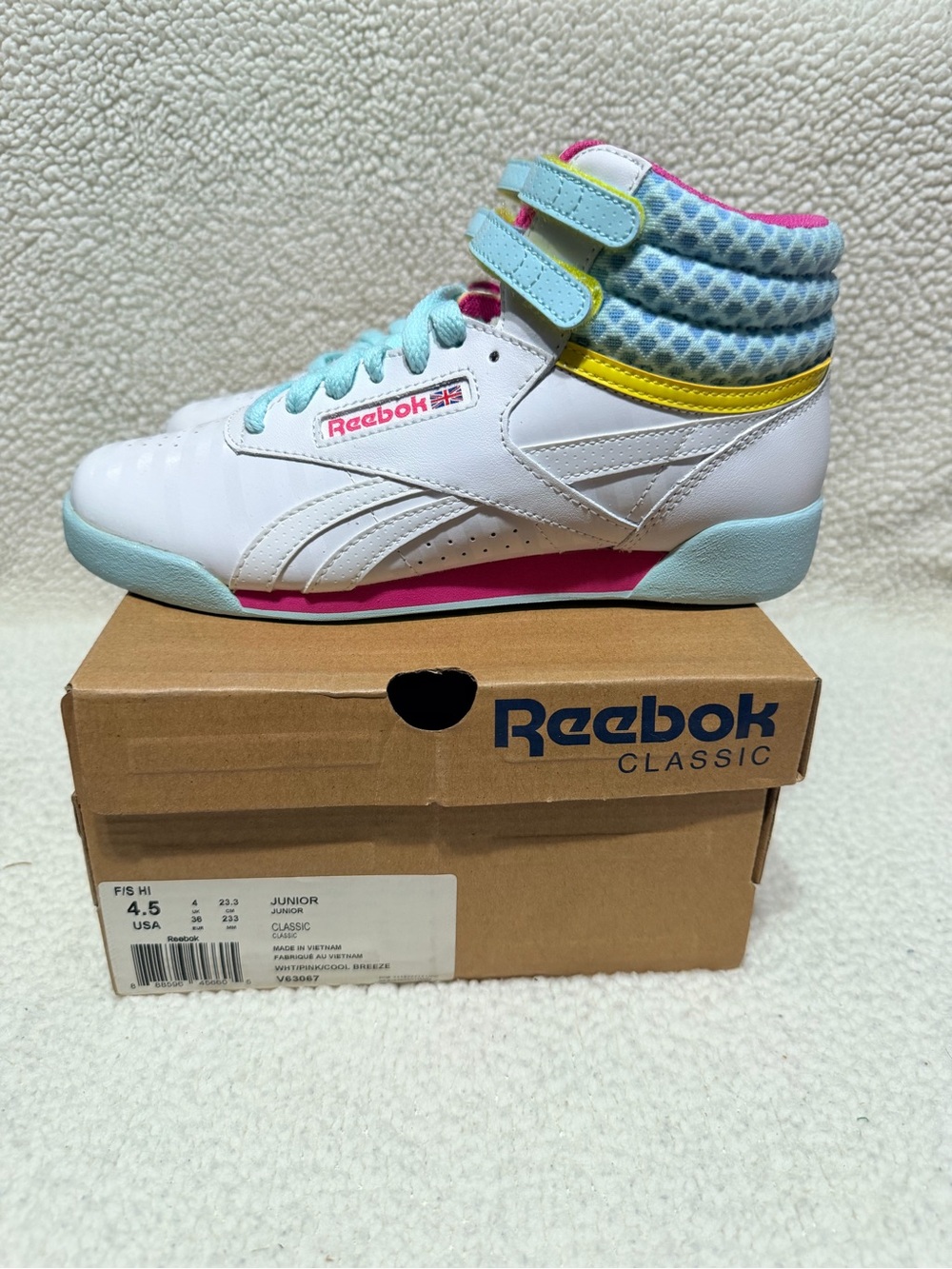 Reebok Kids High-Top Sneakers in White, Aqua, Pink & Yellow Size 4.5y